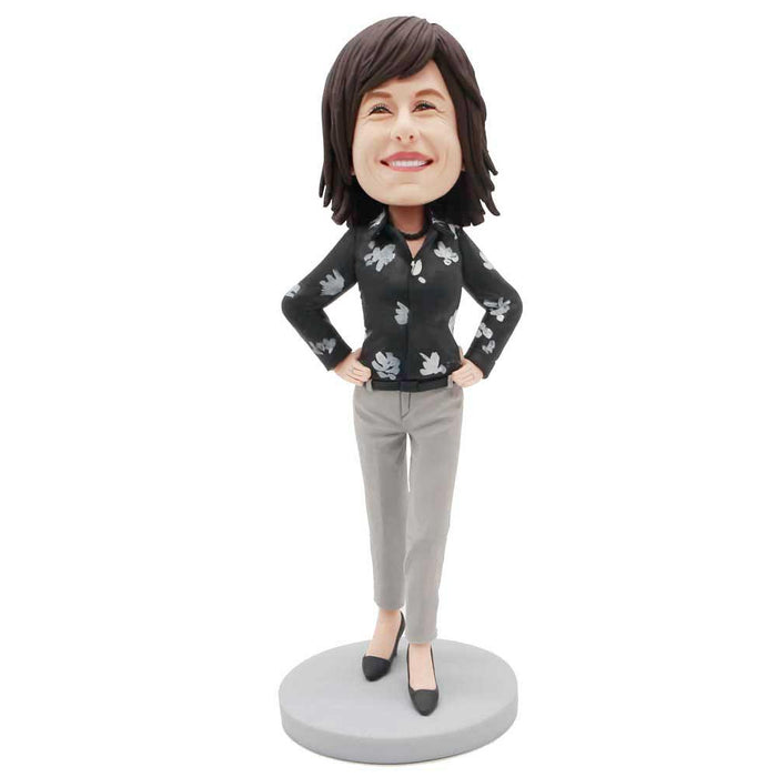 Female In Black Floral Shirt And Her Hands Rested On Her Hips Custom Figure Bobblehead