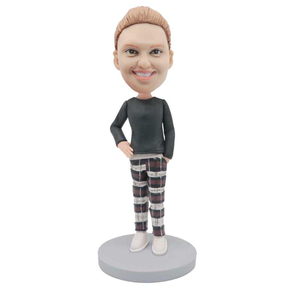 Female In Black Shirt And Plaid Pants Custom Figure Bobblehead