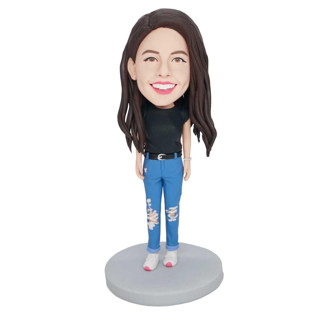 Female In Black T-shirt And Blue Jeans Custom Figure Bobbleheads