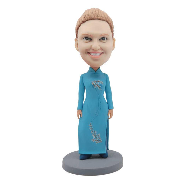 Female In Blue Cheongsam Custom Figure Bobblehead