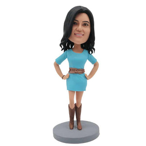 Female In Blue Dress And Boots Custom Figure Bobblehead - Figure Bobblehead