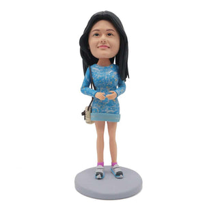 Female In Blue Floral Skirt And Carrying A Bag Custom Figure Bobblehead