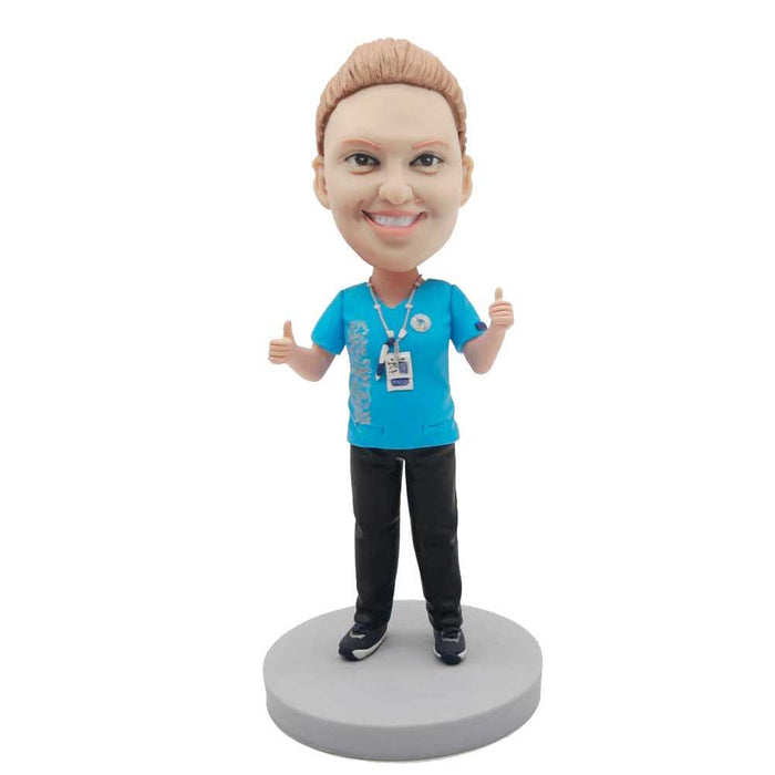 Female In Blue T-shirt With Thumbs Up Custom Figure Bobblehead