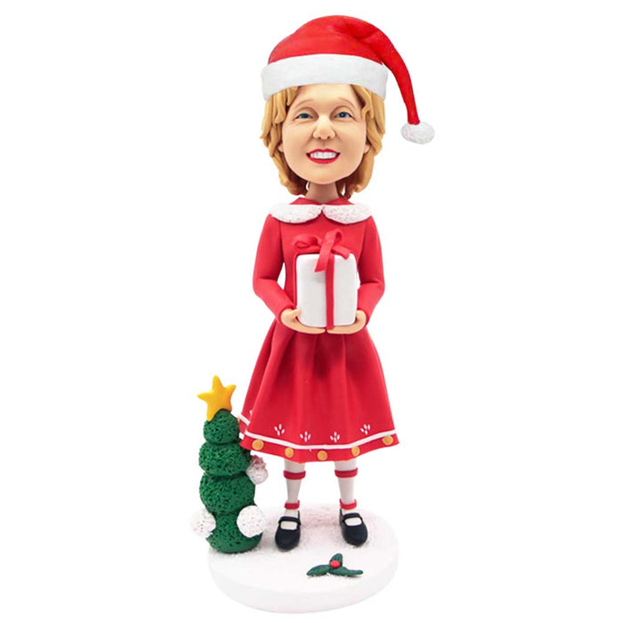 Female In Christmas Costume With Gift And Christmas Tree Custom Figure Bobbleheads