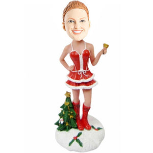Female In Christmas Dress With Christmas Tree And Bell Custom Figure Bobbleheads