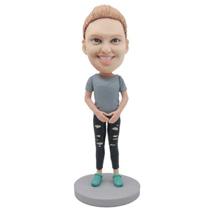 Female In Light Blue T-shirt And Ripped Pants Custom Figure Bobblehead