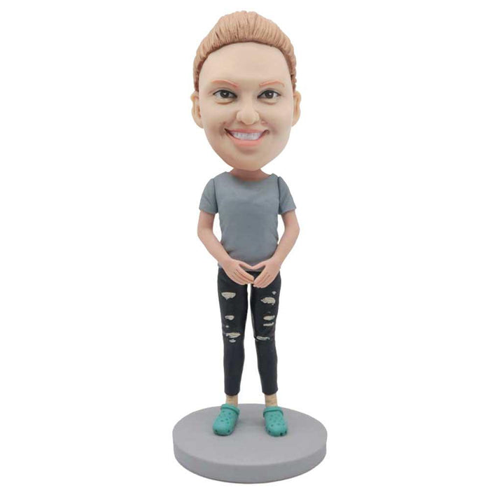 Female In Light Blue T-shirt And Ripped Pants Custom Figure Bobblehead