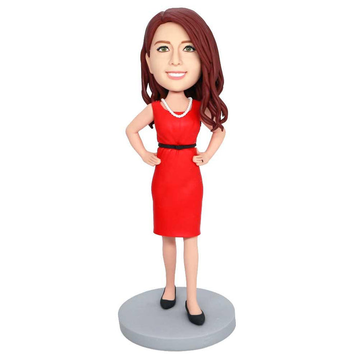 Female In Red Dress And Hands On Hips Custom Figure Bobbleheads