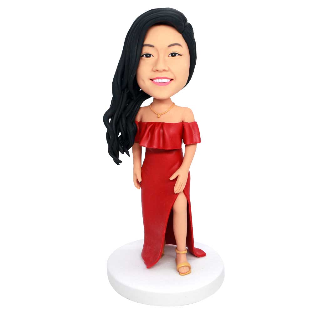 Female In Red One Word Collar Dress Custom Figure Bobbleheads