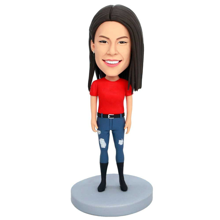 Female In Red T-shirt And Jeans Custom Figure Bobbleheads