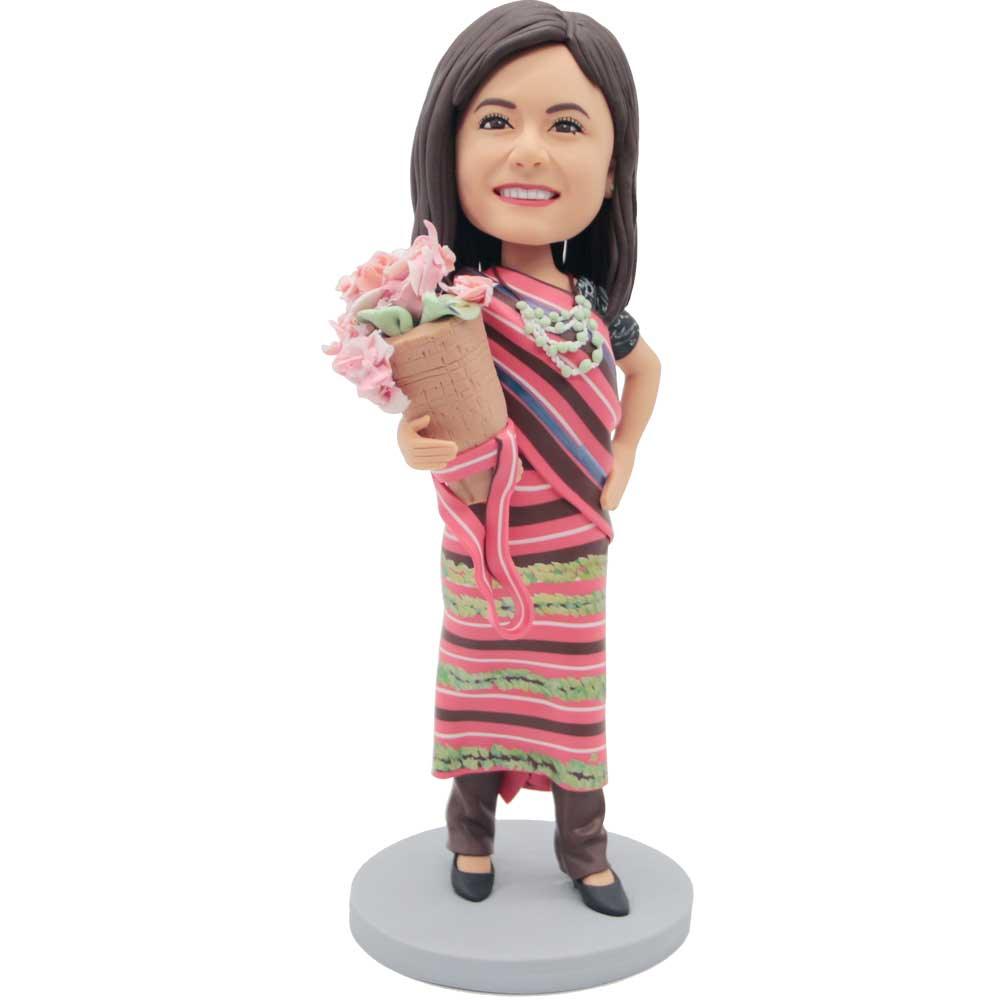 Female In Vintage Clothing Holding Flower Basket Custom Figure Bobbleheads