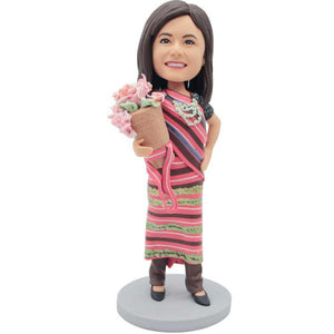 Female In Vintage Clothing Holding Flower Basket Custom Figure Bobbleheads