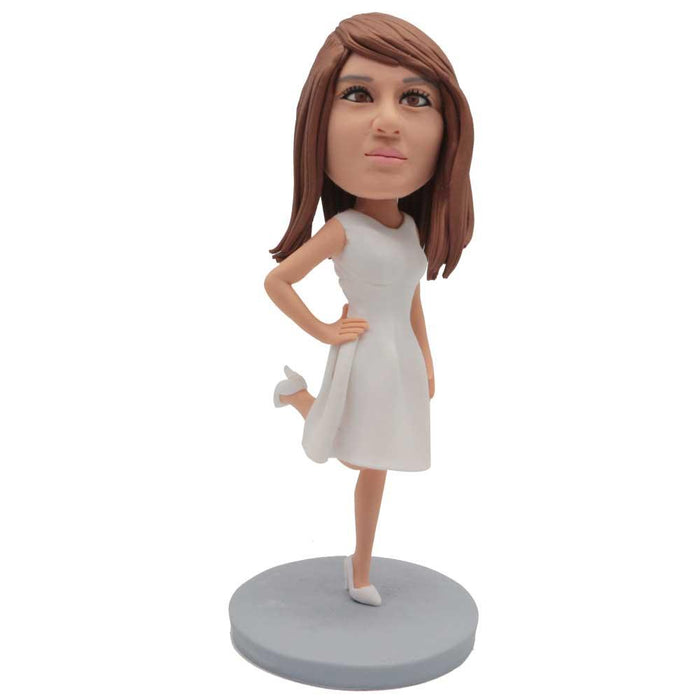 Female In White Dress And One Hand Akimbo Custom Figure Bobblehead