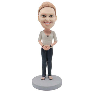 Female In White Low Collar Shirt And Put Hands In Front Of Your Body Custom Figure Bobblehead