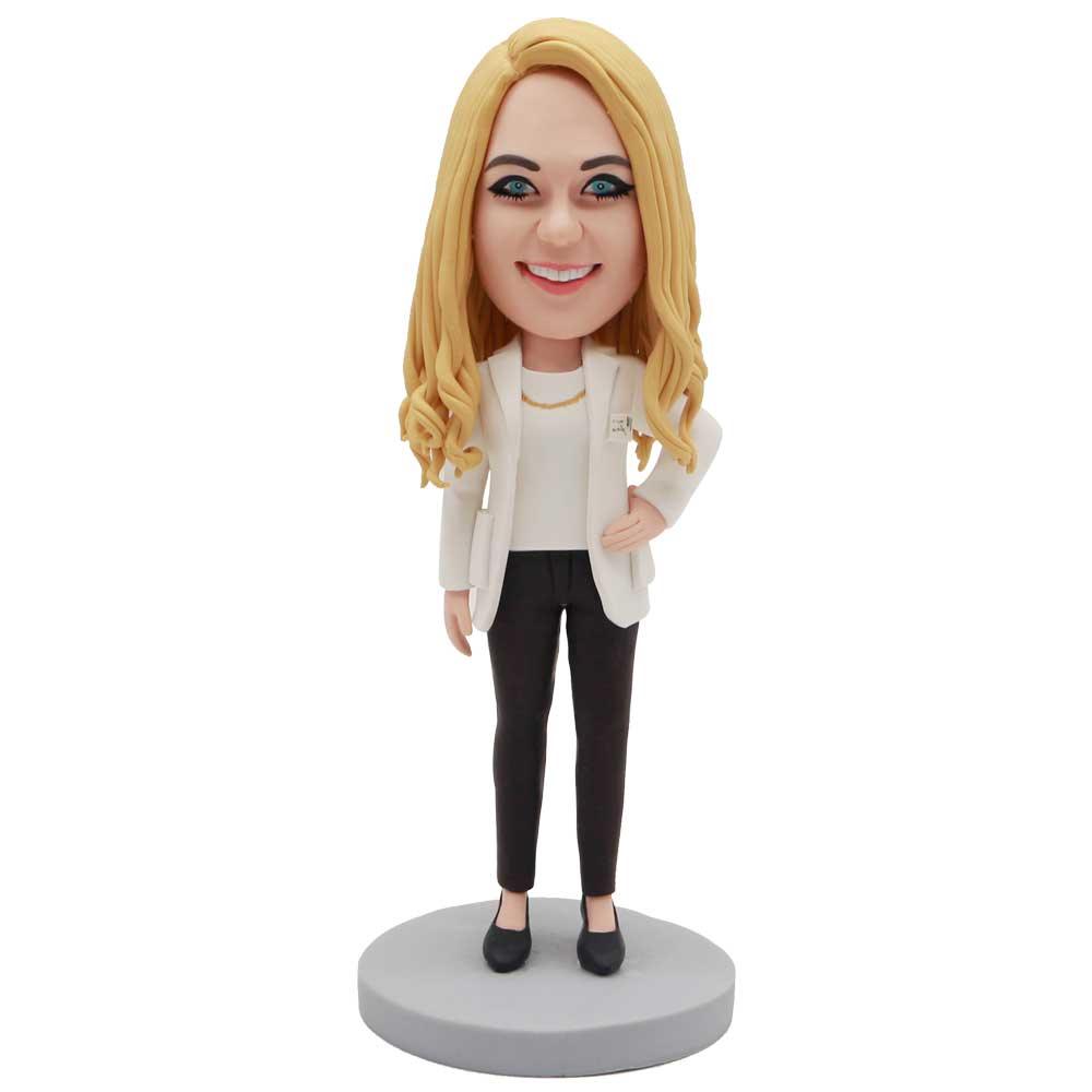 Female In White Suit Jacket And One Hand Akimbo Custom Figure Bobblehead