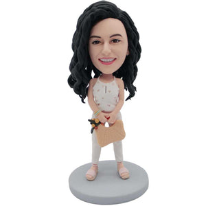 Female In White Suspender Top Carrying A Bag Custom Figure Bobbleheads