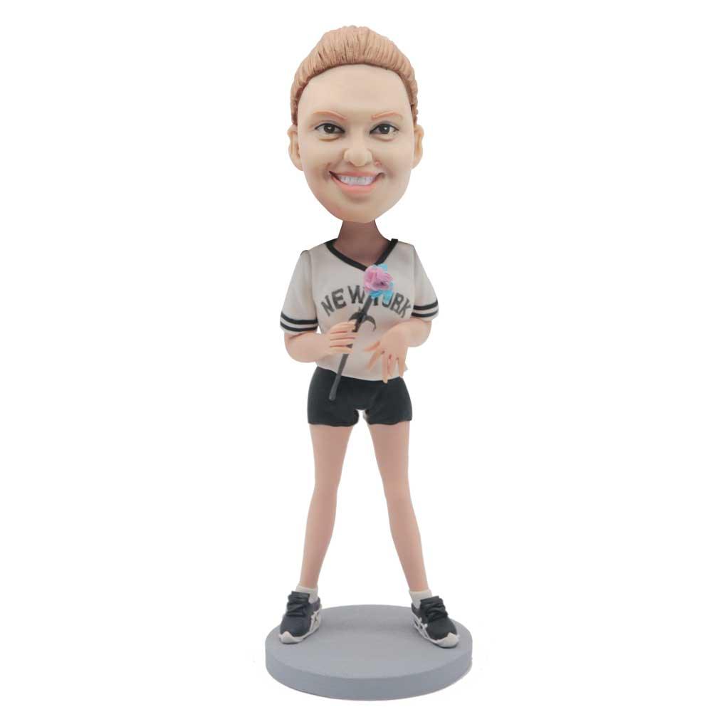 Female In White T-shirt And Black Shorts Holding A Flower Custom Figure Bobblehead