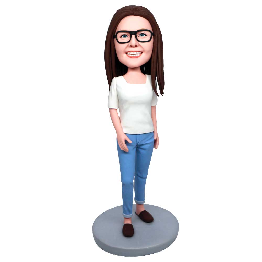 Female In White T-shirt And Blue Jeans Custom Figure Bobbleheads