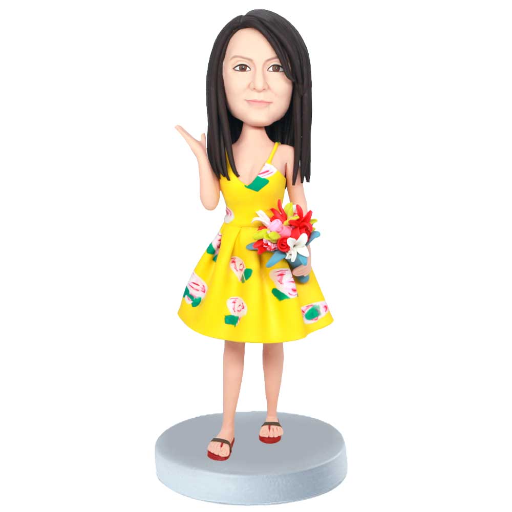 Female In Yellow Floral Suspender Skirt Custom Figure Bobbleheads