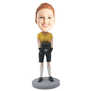 Female In Yellow T-shirt And Holding A Trash Can Custom Figure Bobblehead