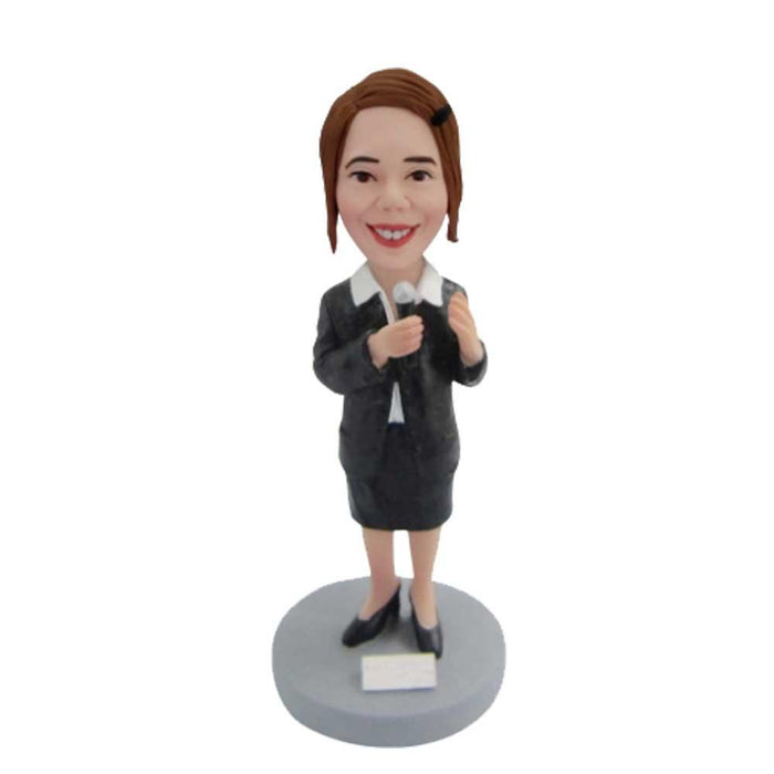 Female Journalist In Black Uniform With Microphone Custom Figure Bobblehead