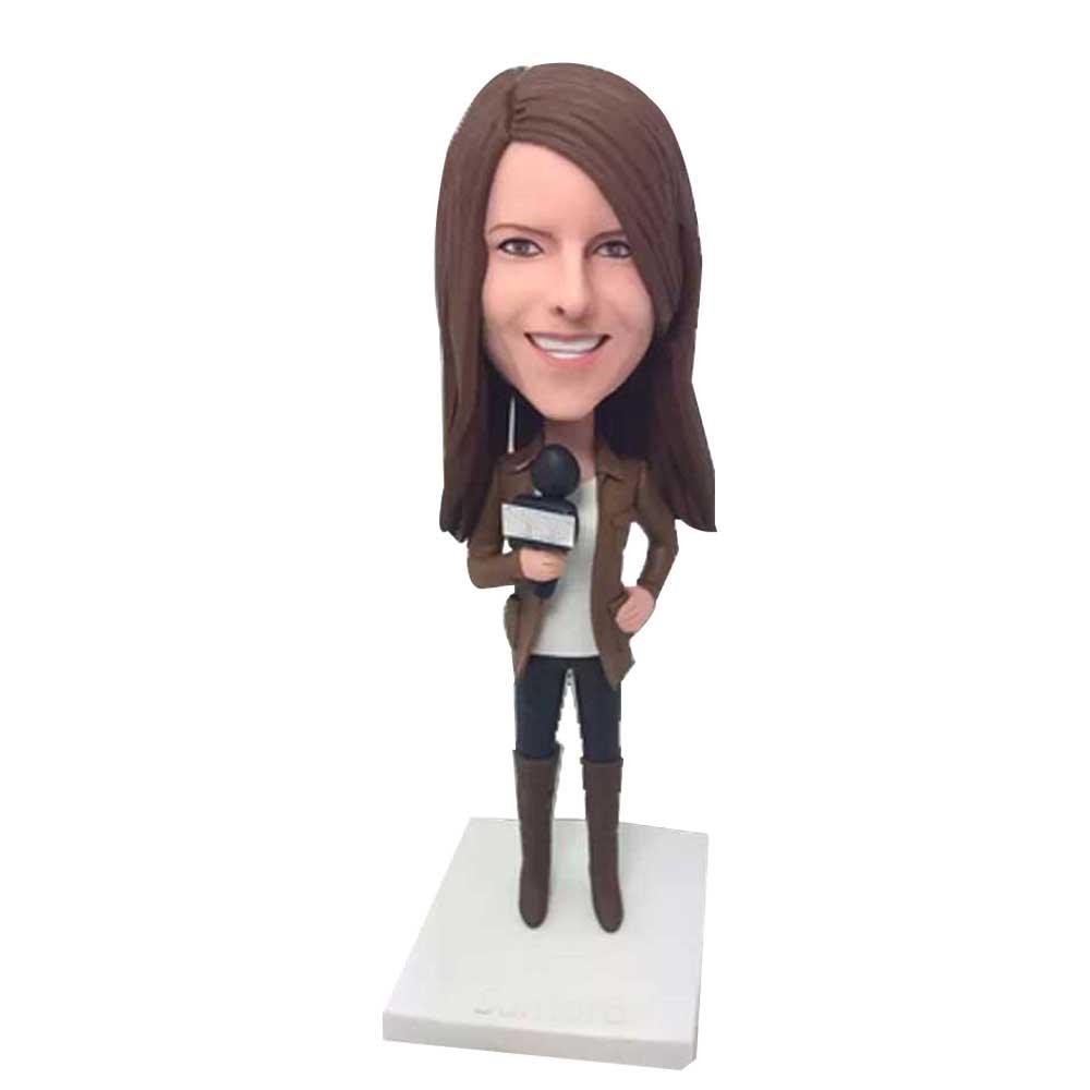 Female Journalist In Khaki Coat With Microphone Custom Figure Bobblehead