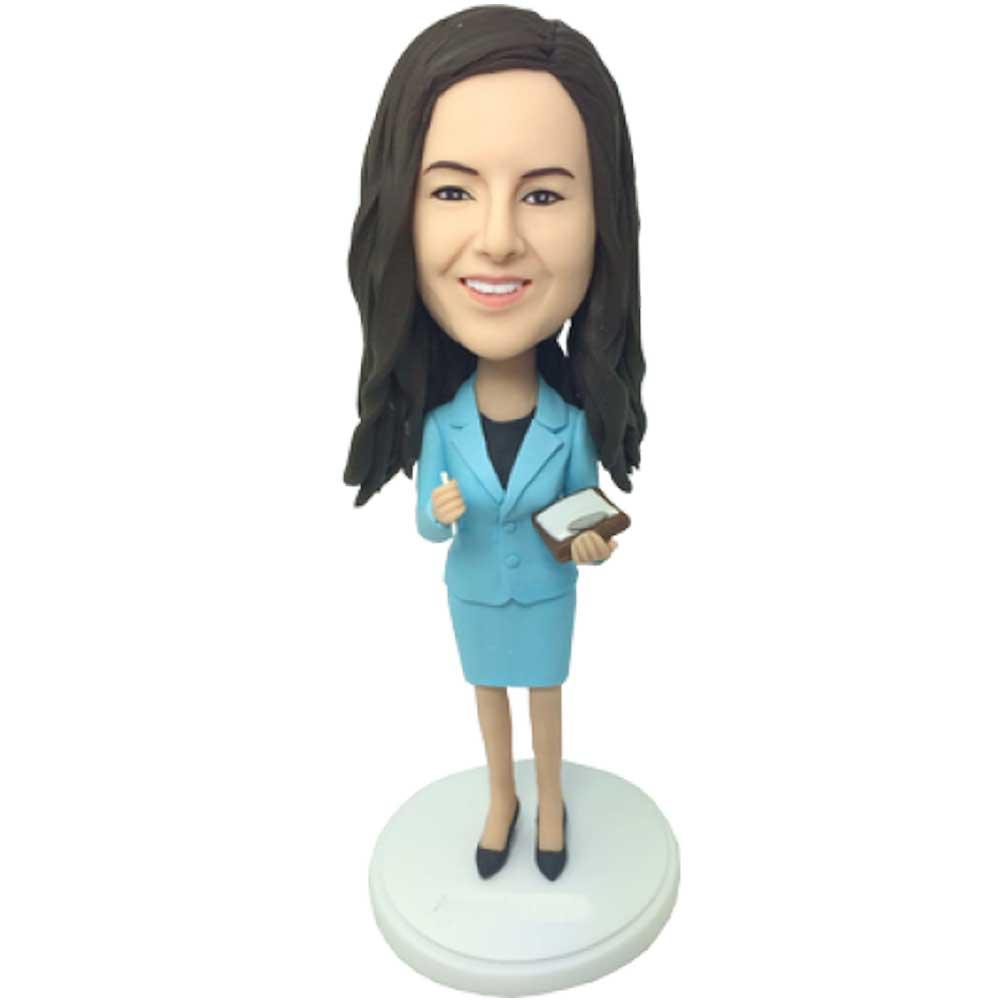 Female Office Secretary In Blue Business Attire Custom Figure Bobblehead