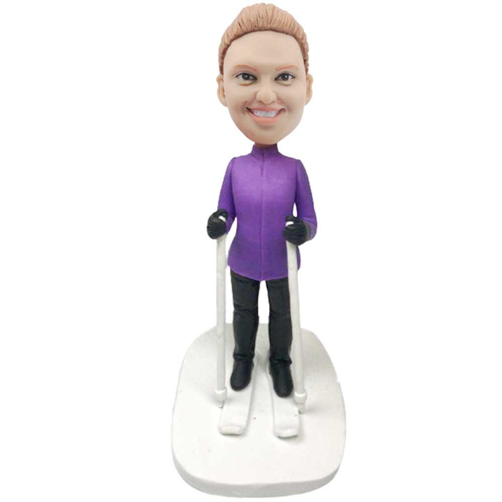 Female Skier In Purple Coat With Ski Board Custom Figure Bobbleheads