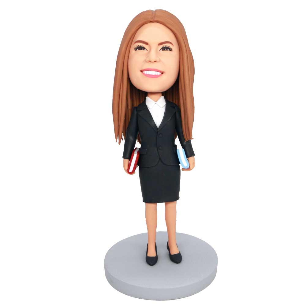 Female Teacher In Black Suit Holding Two Books Custom Figure Bobbleheads