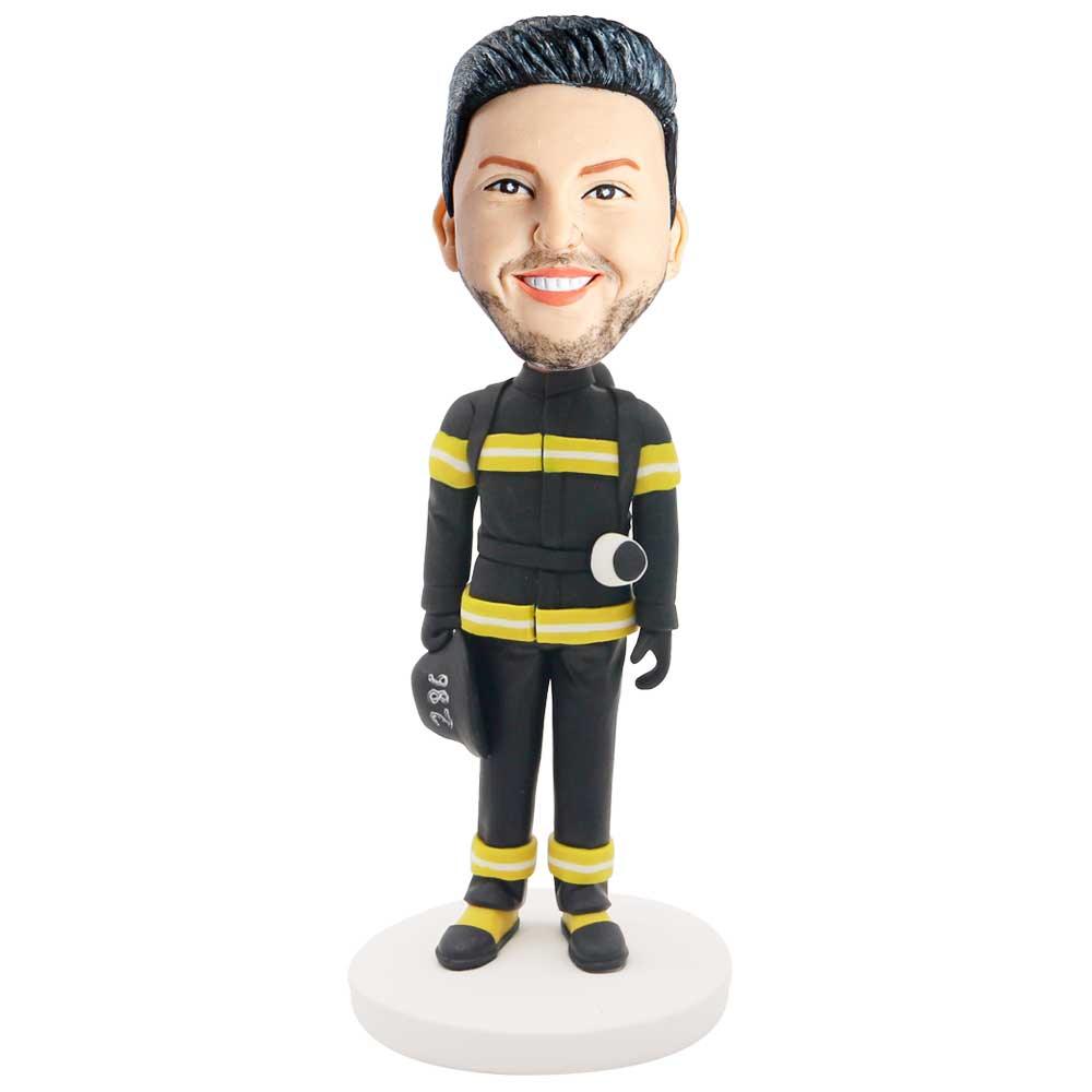 Fireman In Black And Yellow Fire Suit Custom Figure Bobblehead