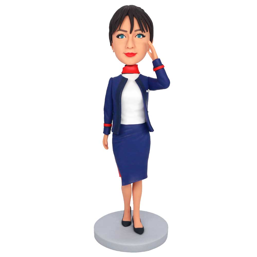Flight Attendant In Dark Blue Uniform Custom Figure Bobbleheads