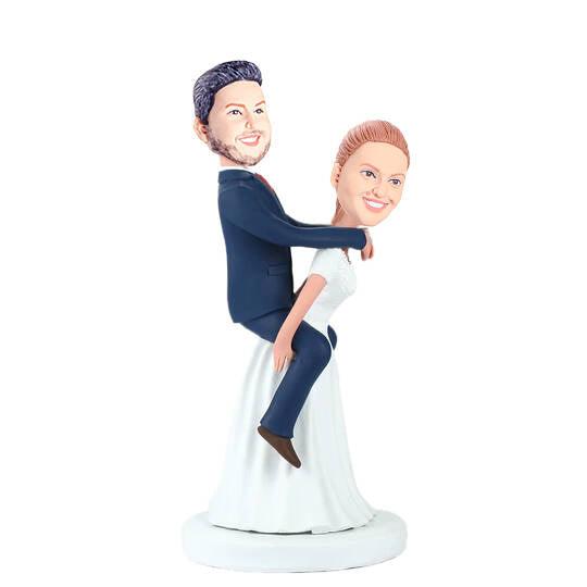 Funny Bride Carrying Groom Custom Wedding Bobblehead Cake Topper