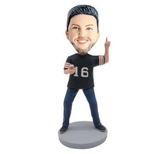 Funny Male In Black T-shirt And One Finger To The Sky Custom Leisure Bobblehead