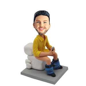 Funny Man In Yellow Shirt Sitting On The Toilet Custom Figure Bobblehead