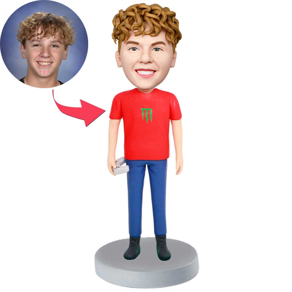 Gamer Boy in Red T-Shirt with Gamepad Custom Figure Bobbleheads