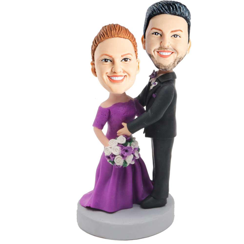 Groom And Bride In Purple Wedding Dress And Black Suit Caker Topper Custom Wedding Bobblehead