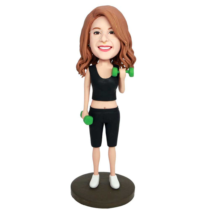 Gym Female  In Black Workout Clothes With Dumbbell Custom Figure Bobbleheads