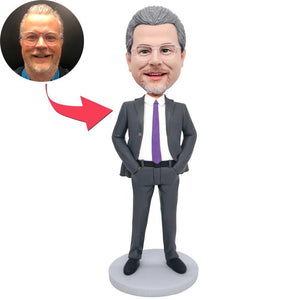 Handsome Male Boss In Grey Suit And Hands In Pockets Custom Figure Bobbleheads