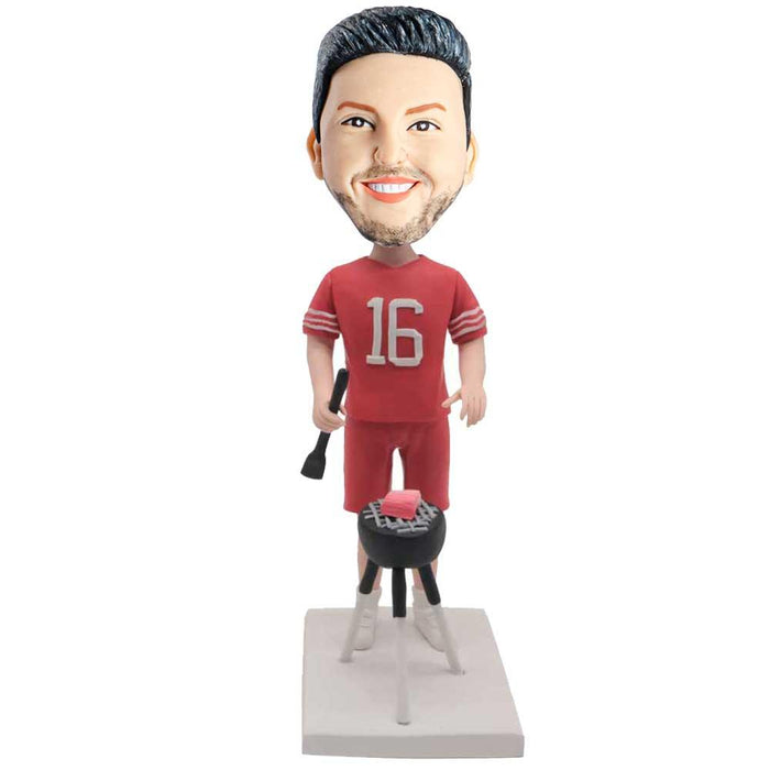 Happy BBQ Grill Male In Red T-shirt With Barbecue Rack Custom Figure Bobblehead