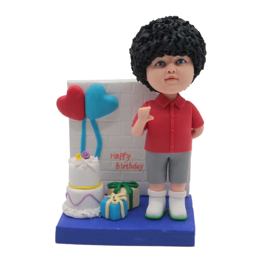 Happy Birthday Boy with Cake and Gifts Custom Birthday Bobblehead Gift