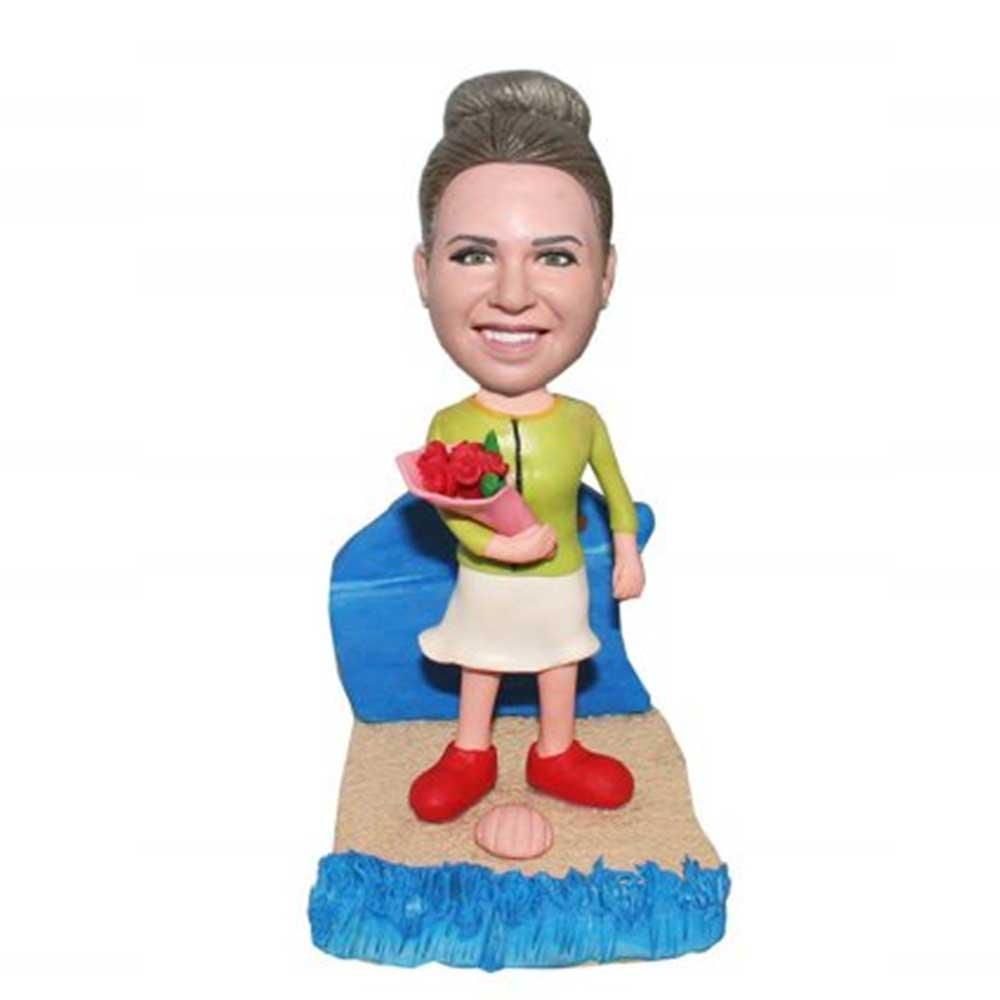 Happy Birthday Lady with Flowers Custom Figure Bobblehead