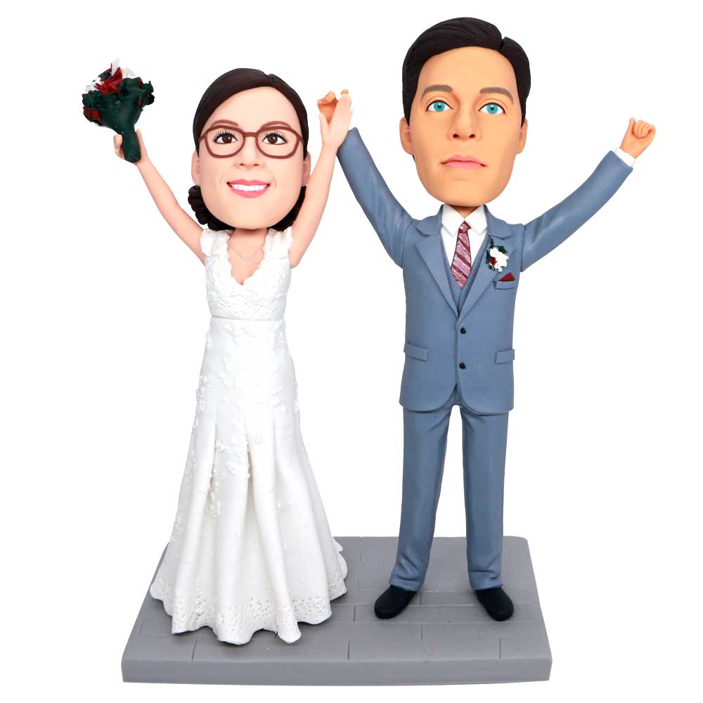 Happy Bride And Groom Raise Their Hands Custom Wedding Bobbleheads Cake Topper