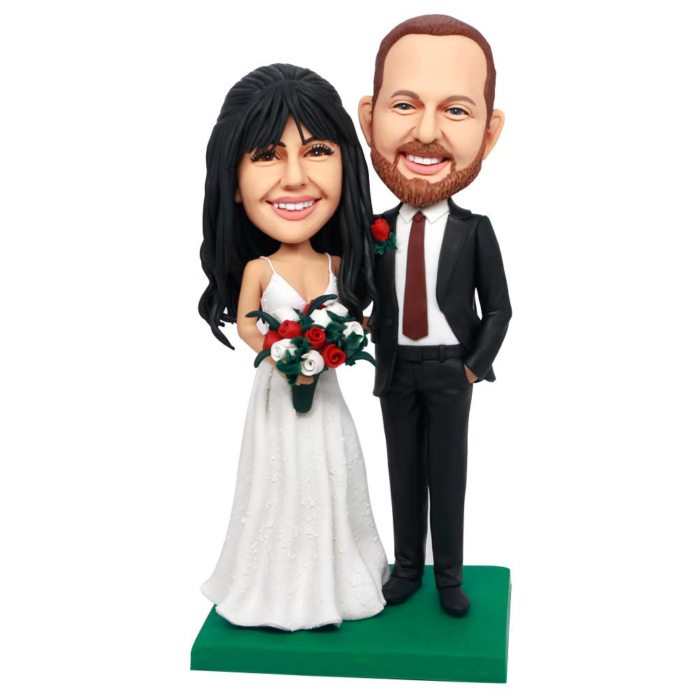 Happy Couple Holding A Bouquet Of Flowers Custom Wedding Bobbleheads Cake Topper