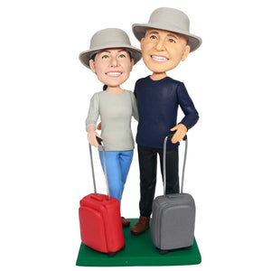 Happy Couple Holding Two Suitcases Custom Figure Bobbleheads