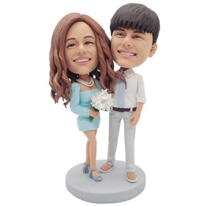 Happy Couple In Beautiful Clothes Holding Flowers Custom Figure Bobbleheads