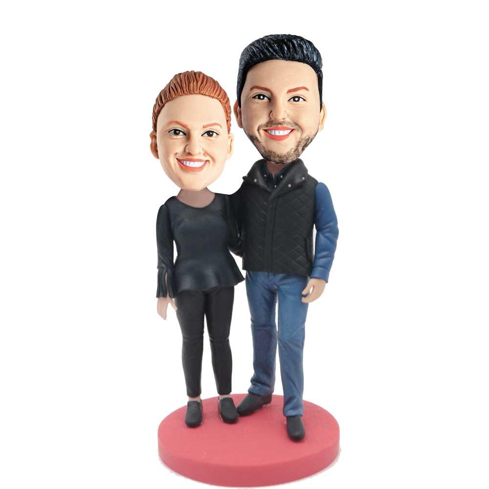 Happy Couple In Black Casual Clothes Custom Couple Bobblehead