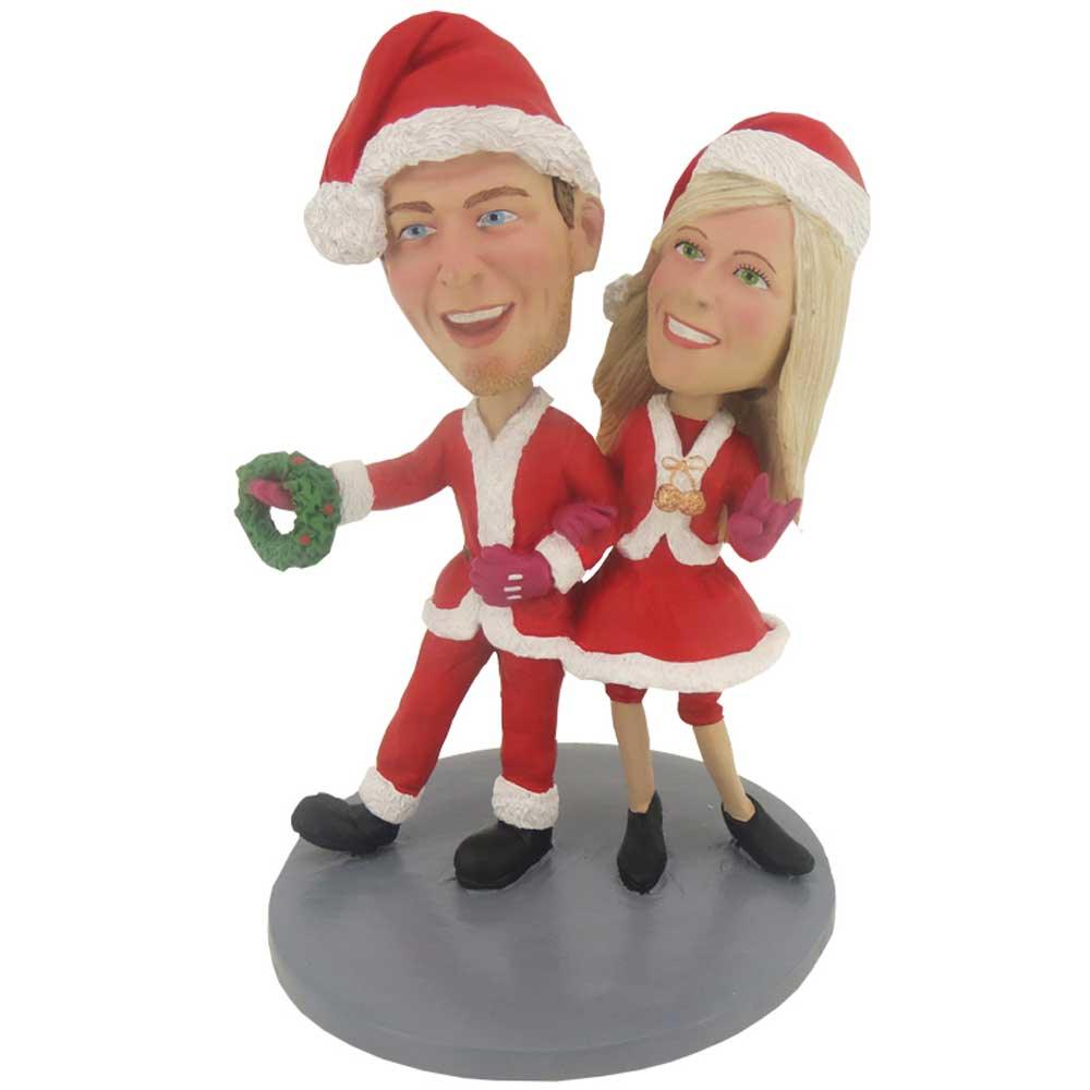 Happy Couple In Christmas Costumes Custom Figure Bobbleheads