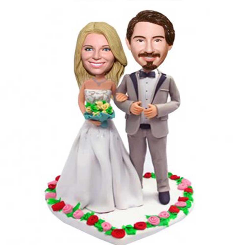 Happy Couple In Heart-shaped Flowers Wedding Anniversary Custom Figure Bobblehead