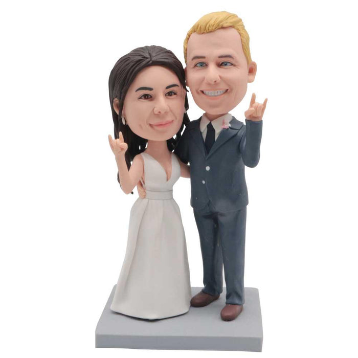 Happy Couple In Suit And Wedding Dress Making The Love Gesture Custom Wedding Bobblehead