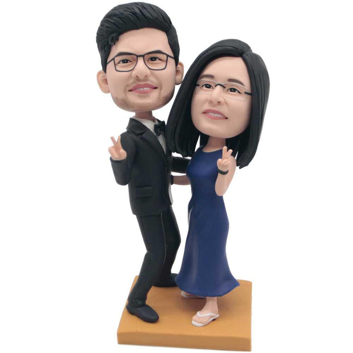 Happy Couple In Suits And Dress Custom Figure Bobbleheads